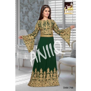 Bottle Green   Embroidered   Faux Georgette   Kaftan