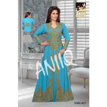 Blue  Embroidered  Faux Georgette  Kaftan