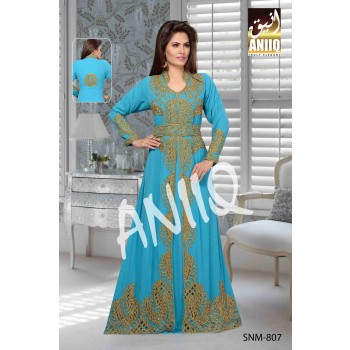 Blue  Embroidered  Faux Georgette  Kaftan