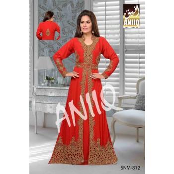 Red  Embroidered  Faux Georgette  Kaftan